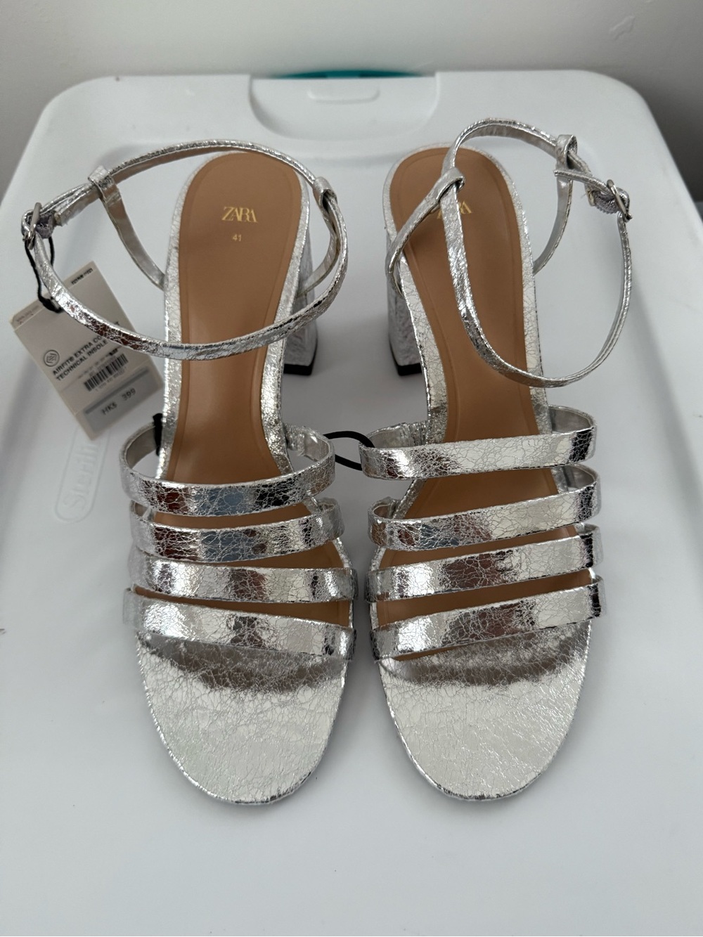 Zara Silver Metallic Strappy Block Heel Sandals NWT Size 9.5 US / 41 EU